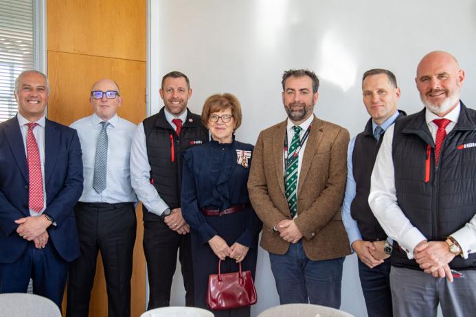 L–R: Steve Huntley, divisional managing director, Hills Quarry Products; Alex Henderson, company secretary; Mark Tinson, divisional managing director, Hills Homes; Dame Sarah Troughton, Lord Lieutenant of Wiltshire; Neil Pollard, divisional managing director, Hills Waste Solutions; Ed Dodd, chief executive; and Mike Hill, chairman