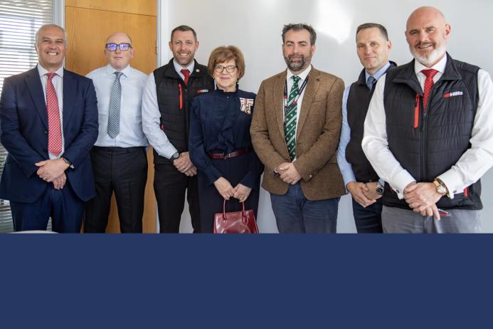 L–R: Steve Huntley, divisional managing director, Hills Quarry Products; Alex Henderson, company secretary; Mark Tinson, divisional managing director, Hills Homes; Dame Sarah Troughton, Lord Lieutenant of Wiltshire; Neil Pollard, divisional managing director, Hills Waste Solutions; Ed Dodd, chief executive; and Mike Hill, chairman