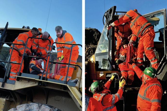 Cauldon Low - Left: three people using the cab extrication method to manoeuvre a ‘real’ casualty from an elevated cab along the walkway, ready to get them to the ground; Right: extricating a casualty from a cab, straight down the ladder to colleagues on the ground