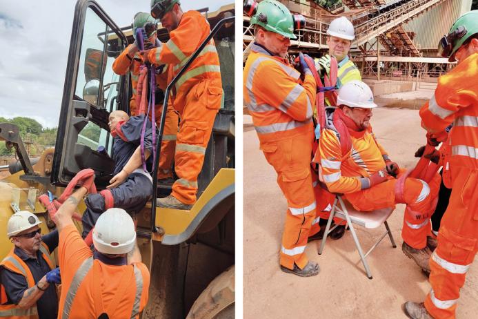 Hillhead - Left: two people extricating a casualty from the cab and lowering them down to two colleagues on the ground; Right: practising application of the strops, then lifting and moving a ‘real’ casualty on the ground to build the confidence of the course participants