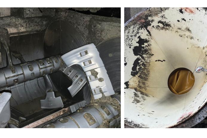 The twin-shaft mixer (left) and the mixer discharge chute (right) after the upgrade