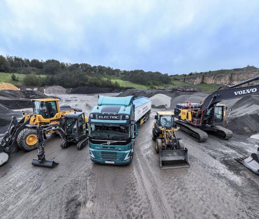 Zero-emission solutions by Volvo CE and Volvo Trucks on site in Durham, UK, with CRH company Tarmac