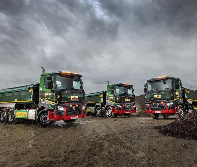 The new Renault Trucks C440 P8x4*4 Tridem Off Road with the two new C440 P8x4 Off Road tippers