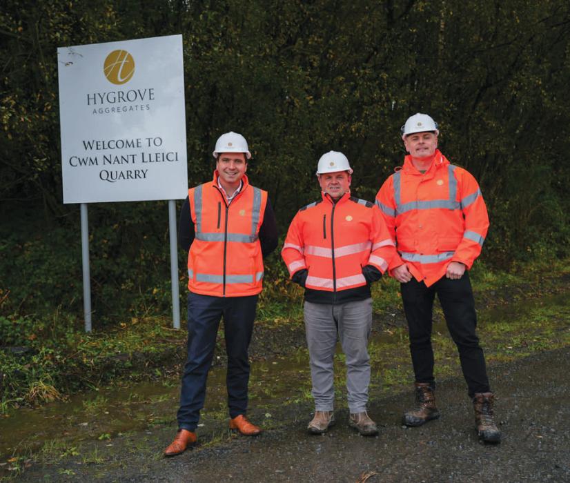 L-R: Ben Francis, director of Hygrove Group; Allister Williams, quarry manager at Cwm Nant Lleici; and Dale Owen, weighbridge manager