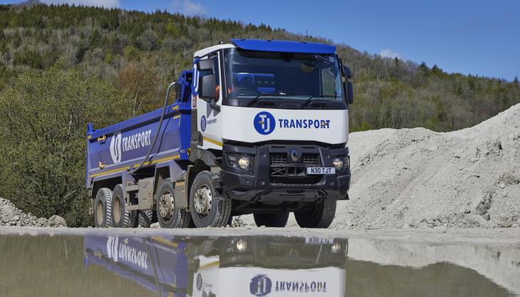 TJ Transport have taken delivery of their first Renault truck – a C430 8x4 with Thompsons Loadmaster steel tipping body Renault C430 truck