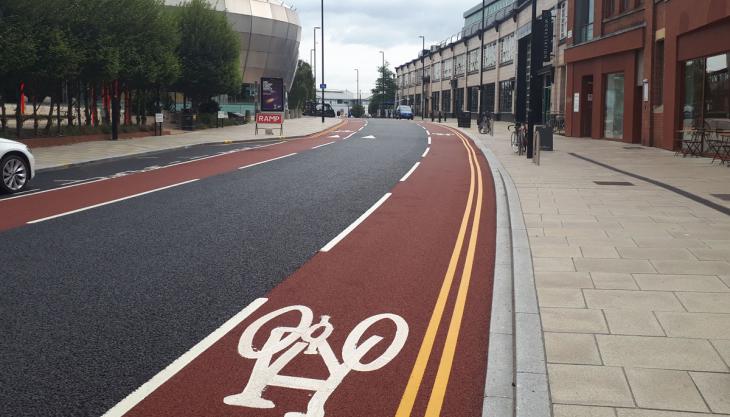 New cycle lane demarcation in Brown Street, Sheffield Cycle lane demarcation