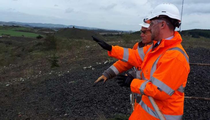 Neil Gray MP (front) with Sandy Fullarton, quarry manager at Duntilland Quarry Duntilland Quarry visit