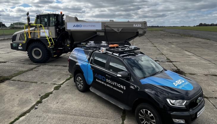 A Rokbak RA30 articulated dumptruck and a Ford Ranger pick-up truck with Indigo Drive installed for vehicle autonomy Indigo Drive