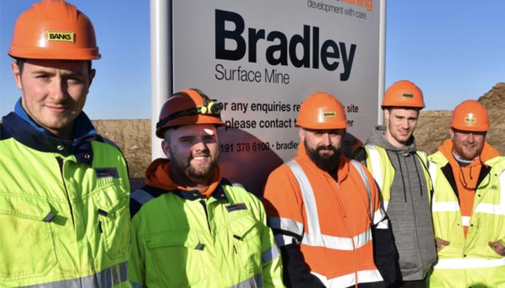 Pictured at Bradley surface mine before social distancing are (L–R) Liam Smith, Damon Henderson, Graeme Stott, Tommy Mayman and Graeme Buckley Banks Mining new recruits