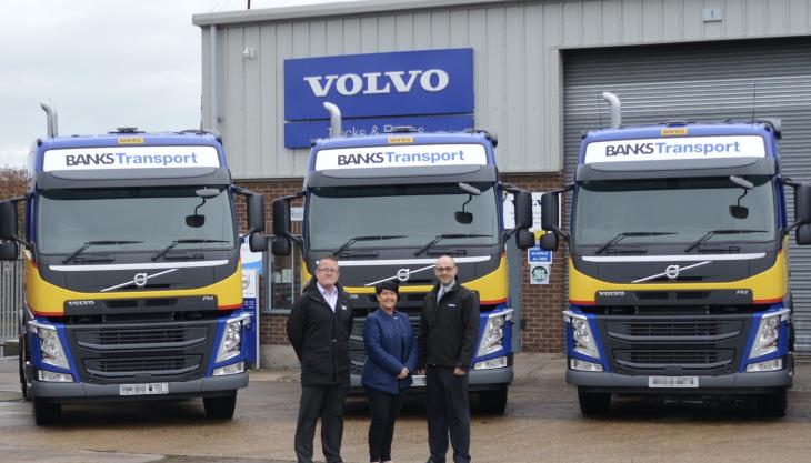 L-R: Banks’ transport manager, Steve Hanlon, and fleet manager, Debbie McWilliam, with Adam Burt, workshop controller at the Volvo Truck & Bus Centre in Blyth Banks Mining receive Volvo trucks