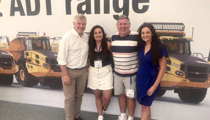 L-R: Gary Bell, non-executive chair of Bell Equipment; Hollie Finnegan; father and managing director of JoinPoint, Paul Finnegan; and Ruby Finnegan at Hillhead 2018 Finnegan sisters purchase Bell ADTs