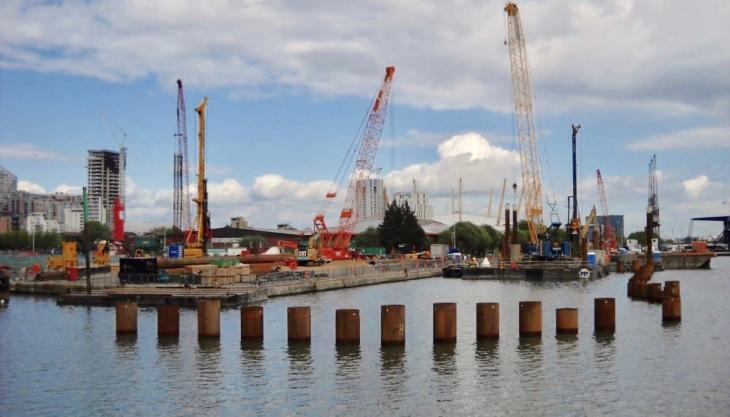 An example of a development in the Tower Hamlets area where the dock at Canary Wharf is being modified in advance of construction. The development will require large quantities of aggregates to fill the dock and for the manufacture of concrete. Dock development