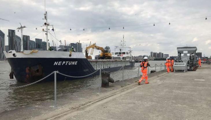 The first cargo arriving at Peruvian Wharf Neptune self-discharging coaster vessel