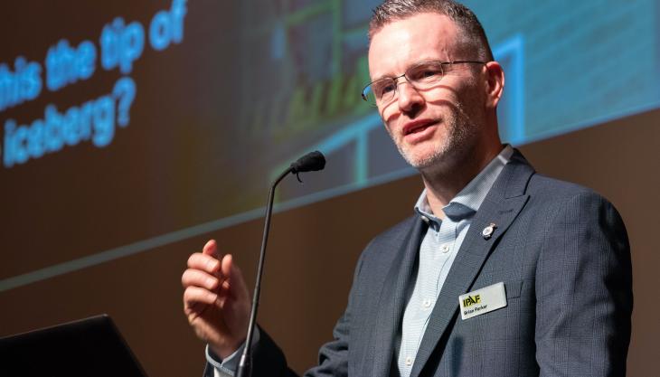Brian Parker, IPAF’s head of safety and technical, launching the Don’t Fall For It! campaign Brian Parker