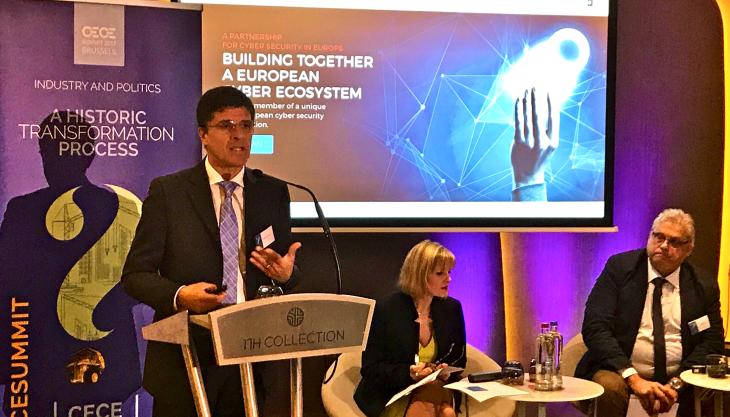 L-R: Lanfranco Marasso, ECSO; Sue Arundale, FIEC; and Geert Maes, CEN-CENELEC CECE Summit