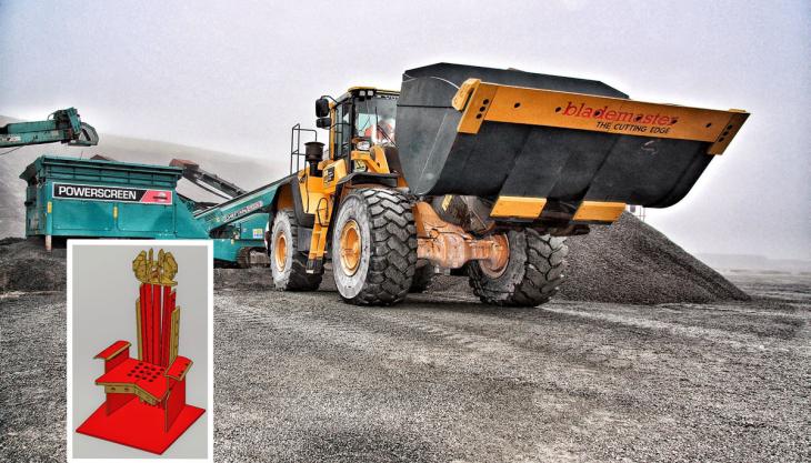 Ground-engaging tools from Con Mech Engineers with inset image of their Hillhead throne Ground-engaging tools