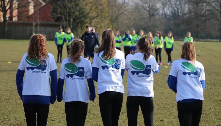 Leicestershire school-aged girls taking part in Aggregate Industries’ and Leicester Tigers Foundation’s Concrete Rugby Concrete Rugby