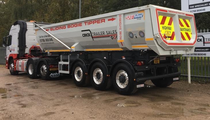 Crick Trailer Sales' new sliding-bogie tipping trailer with hydraulic drive system from SAF Holland Sliding-bogie trailer