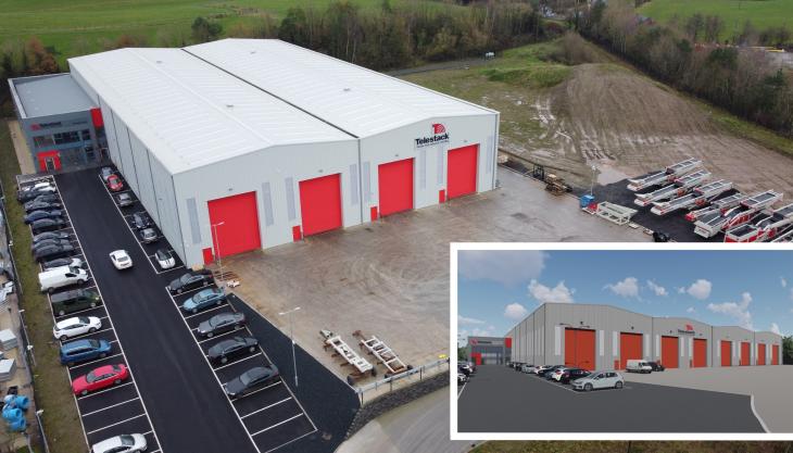 Main image: The current Telestack facility in Omagh, Northern Ireland; Inset: Computer-generated rendering of the expanded facility Telestack