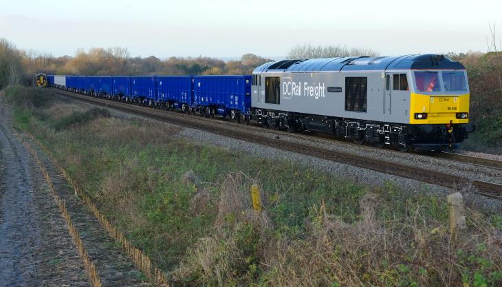 First trip for the new wagons travelling from Westbury to Southampton carrying recycled aggregate. Photo: DCRail DCRail