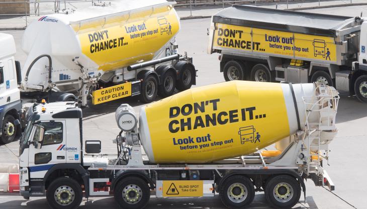 CEMEX tanker, tipper and truckmixer branded with the new pedestrian safety message Don't Chance It logo
