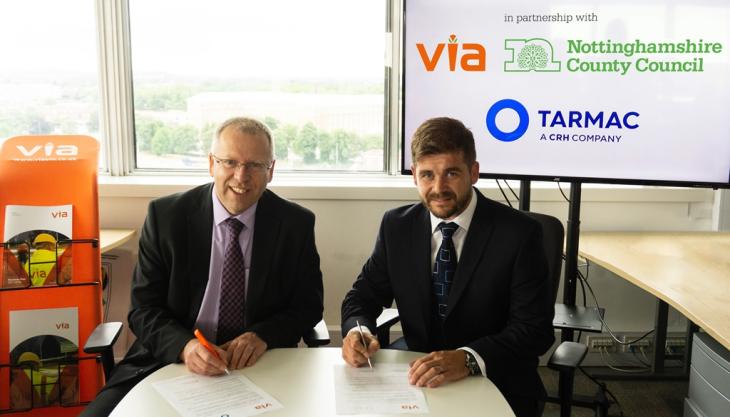 L-R: Doug Coutts, managing director of Via East Midlands Ltd, and Ed Thompson, general manager of highways services, Tarmac Contracting David Coutts and Ed Thompson