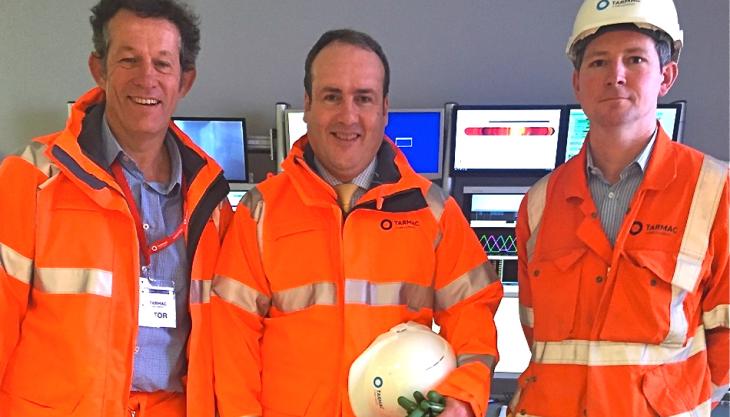 L-R: Tarmac managing director, Cement and Lime, Mike Eberlin; Scottish Minister Paul Wheelhouse; and Dunbar plant manager Oliver Curtin Eberlin, Wheelhouse and Curtin