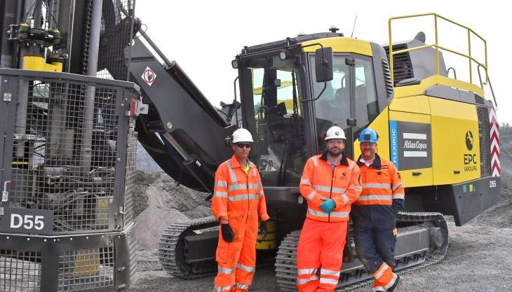 L-R: EPC-UK driller Daryl Comey, rig manager John Mellor and Atlas Copco's Mark Arnold FlexiROC D55