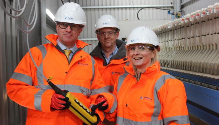 L-R: Cllr Bacon, WBM general manager Steve Burton and Cllr Ellis next to the new filter press WBM