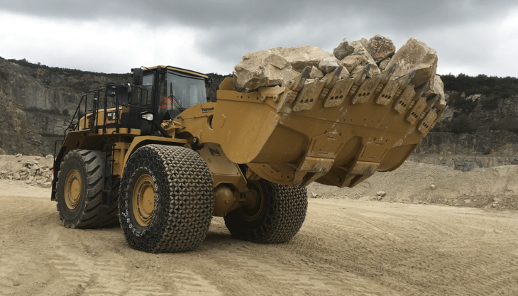The Cat 986K wheel loader at Hanson's Hingston Down Quarry Cat 986K wheel loader