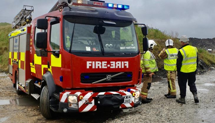 Fire crew on site at Shotton surface mine for industrial emergency training exercise Fire crew