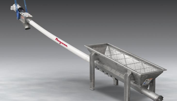 Flexicon flexible screw conveyor with trough hopper Flexicon flexible screw conveyor