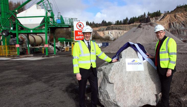 Breedon’s area general manager, Kenny Stewart (left), with Michael Russell MSP at the opening of the new asphalt plant New asphalt plant at Furnace Quarry
