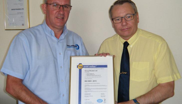 L-R: Neil Bettley, Hallamshire Engineering Services’ operations manager, and Graham Howard, QHSE manager at Group Rhodes, with the ISO 9001:2015 certificate Neil Bettley and Graham Howard