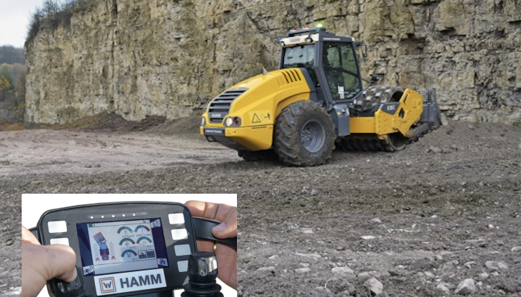 The remotely controlled Hamm H20i CP pad-foot compactor in action at Wilhelmsglück Quarry. Inset: the remote-control unit Remotely controlled Hamm compactor