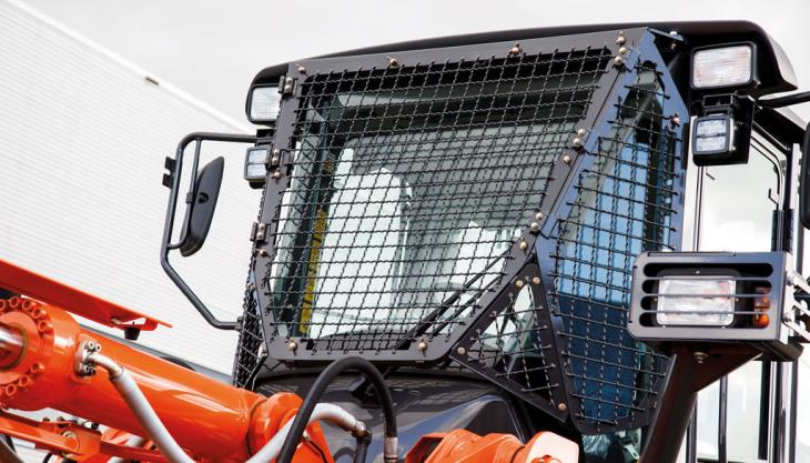 Safety guard fitted to a Hitachi wheel loader Safety guard