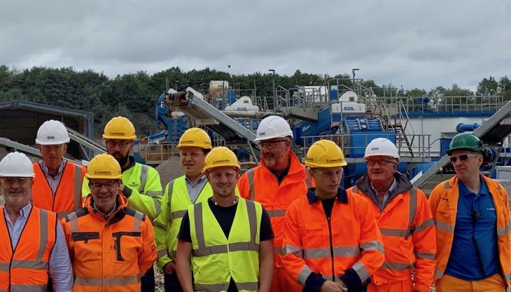Longcliffe quarry manager Jon Murgatroyd (far right) with the chairman of the Northern Ireland branch of the Institute of Quarrying, Pat O’Connor (second from left)), Des Crawford of CDE (second from right) and members of the visiting IQ branch IQ visit