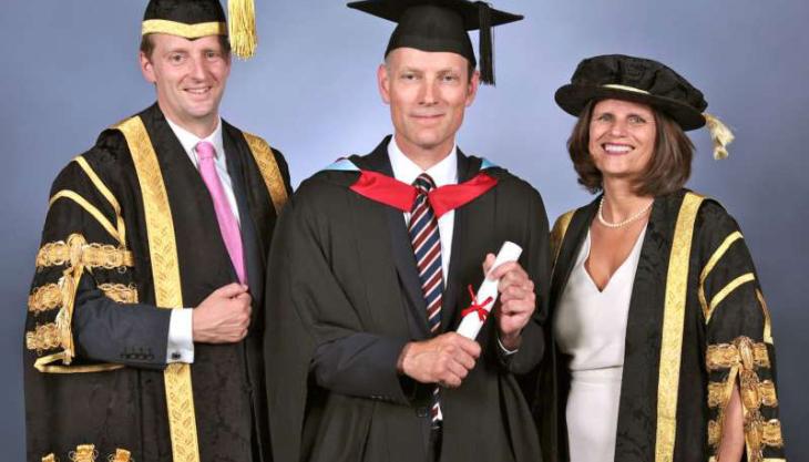 L-R: Chancellor William Cavendish, Earl of Burlington; Robin Gillespie, area operations manager North, Hanson UK; and Vice-Chancellor and chief executive, Professor Kathryn Mitchell Robin Gillespie graduation