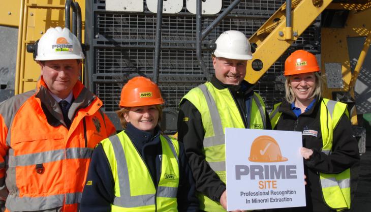 From left: Institute of Quarrying general manager Mike Phillips with three members of the Shotton team – plant administrator Julie Redfearn, site manager Neil Cook and administrator/receptionist Michelle Cairns IQ PRIME accreditation for Banks Mining