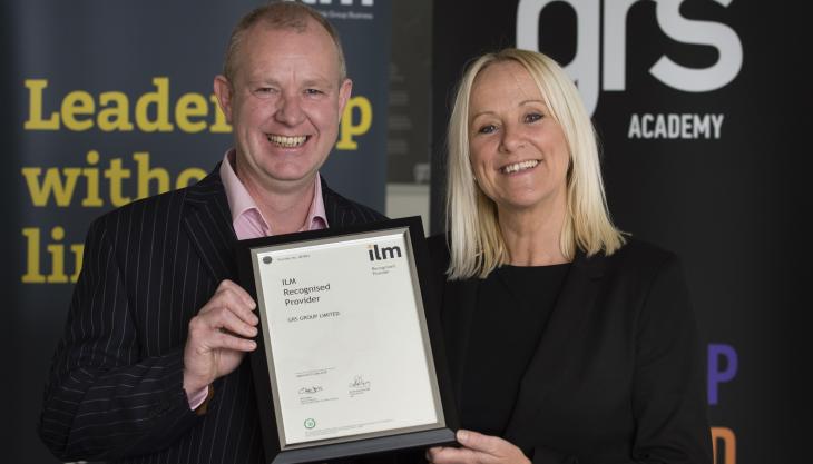 ILM business manager Jason Blackwell presenting the ILM’s ‘Recognised Provider’ certificate to GRS group people director Mel Milazzo Jason Blackwell and Mel Milazzo
