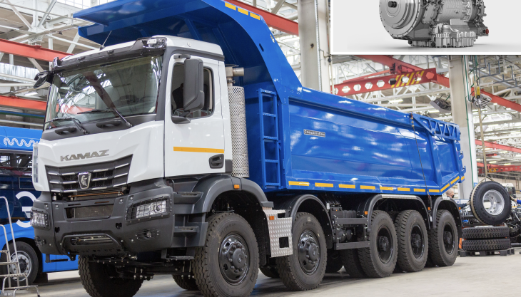 The new KamAZ-65805 dumptruck with inset image of the Allison 4700 fully automatic transmission KamAZ and Allison