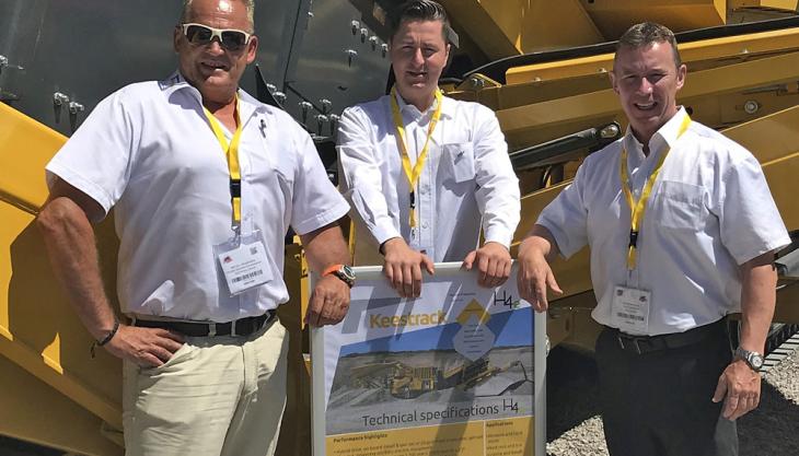 The Keestrack Hillhead team: Michael Brookshaw, global distributor manager; managing director Peter Hoogendoorn; and Peter McGeary, sales manager North America Keestrack team at Hillhead 2018