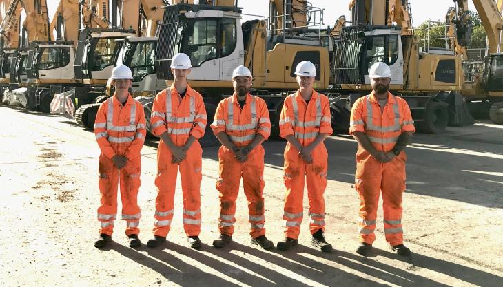 Liebherr GB’s 2020 Apprentices (l-r): Sam Kingsbury, harbour mobile crane engineer apprentice; Max Evans-Lockett, earthmoving machine engineer apprentice; Kyle Harrison, paintshop operative apprentice; Ed Totman, mobile crane engineer apprentice; and Joe Ryan, earthmoving machine engineer apprentice Liebherr GB apprentices