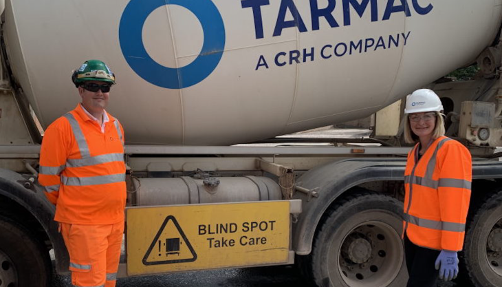 Tarmac production manager Tom Preston with Jessica Morden MP Llanwern visit