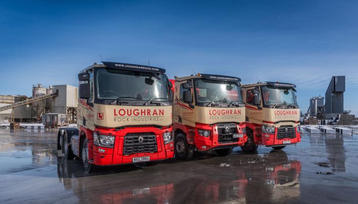 Loughran Rock Industries (N.I.) Ltd have added two Renault Trucks Range C430 8x4 tippers fitted with Farlow steel bodies and one Range T480 6x2 tag tractor unit, all supplied by Diamond Trucks, to their 30-strong fleet Renault Trucks