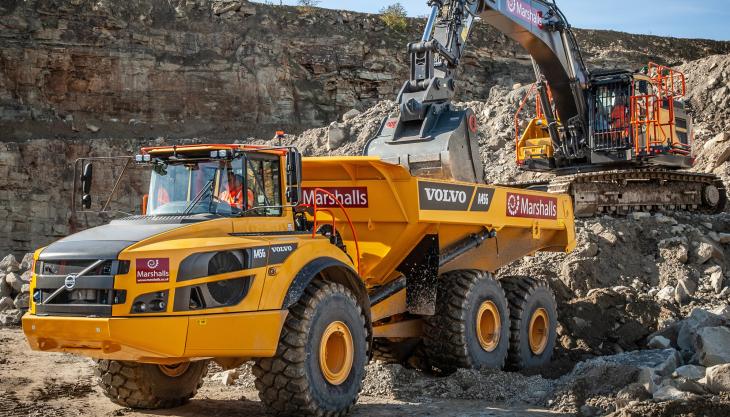 Marshalls’ new A45G and EC480E at work at Howley Park Quarry Volvo A45G dumptruck and EC480E excavator
