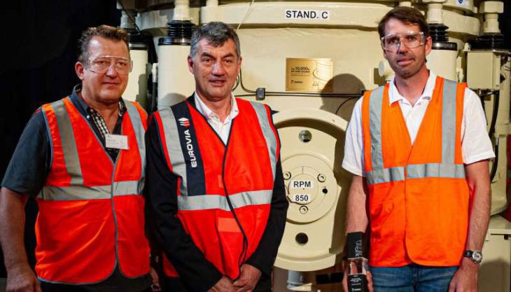 Eurovia have received the 10,000th HP cone crusher. Pictured from the left are Vincent Follet, Didier Thevenard and Eric Guelton 10,000th HP-series cone crusher