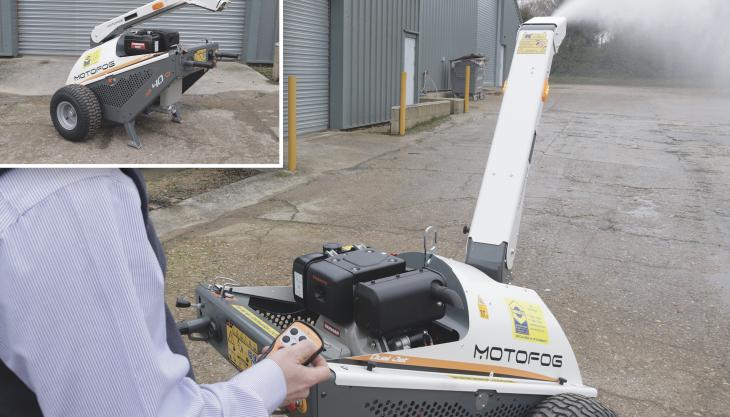 Motofog MF40D unit being operated by optional remote control (main image), and with the mast folded down (inset) INMALO Motofog