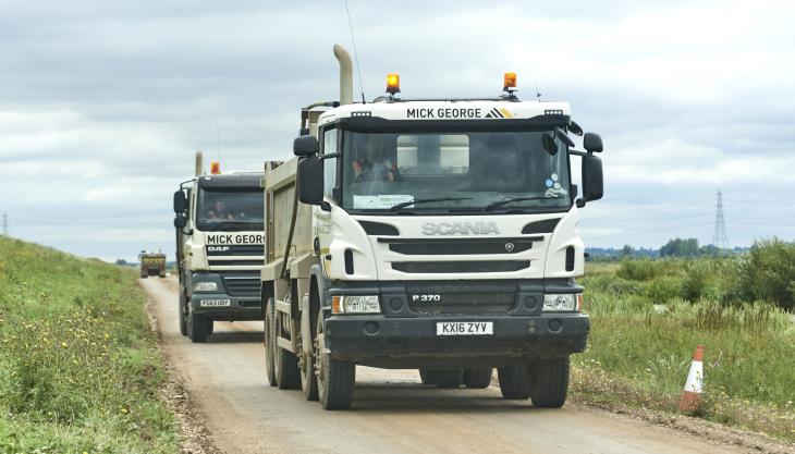 Mick George have supplied 1 million tonnes of aggregates to A14 road improvement scheme to date Mick George trucks