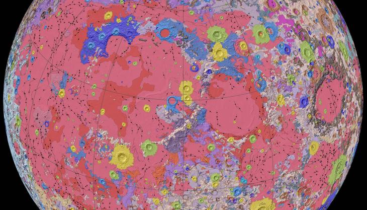 Orthographic projection from the ‘Unified Geologic Map of the Moon’ showing the geology of the Moon’s near side. Credit: NASA/GSFC/USGS Moon geology